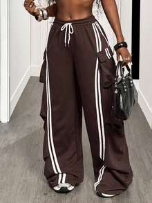 BamGleam 复古条纹撞色运动裤，带褶皱口袋，宽松休闲羊毛运动裤，适合秋季 - 棕色 - 查看 7