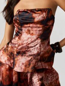 MISSGUIDED Strapless Peplum Corset Top And Wide Leg Balloon Pants Coord Set Fall Winter Abstract Print - Brown - View 7