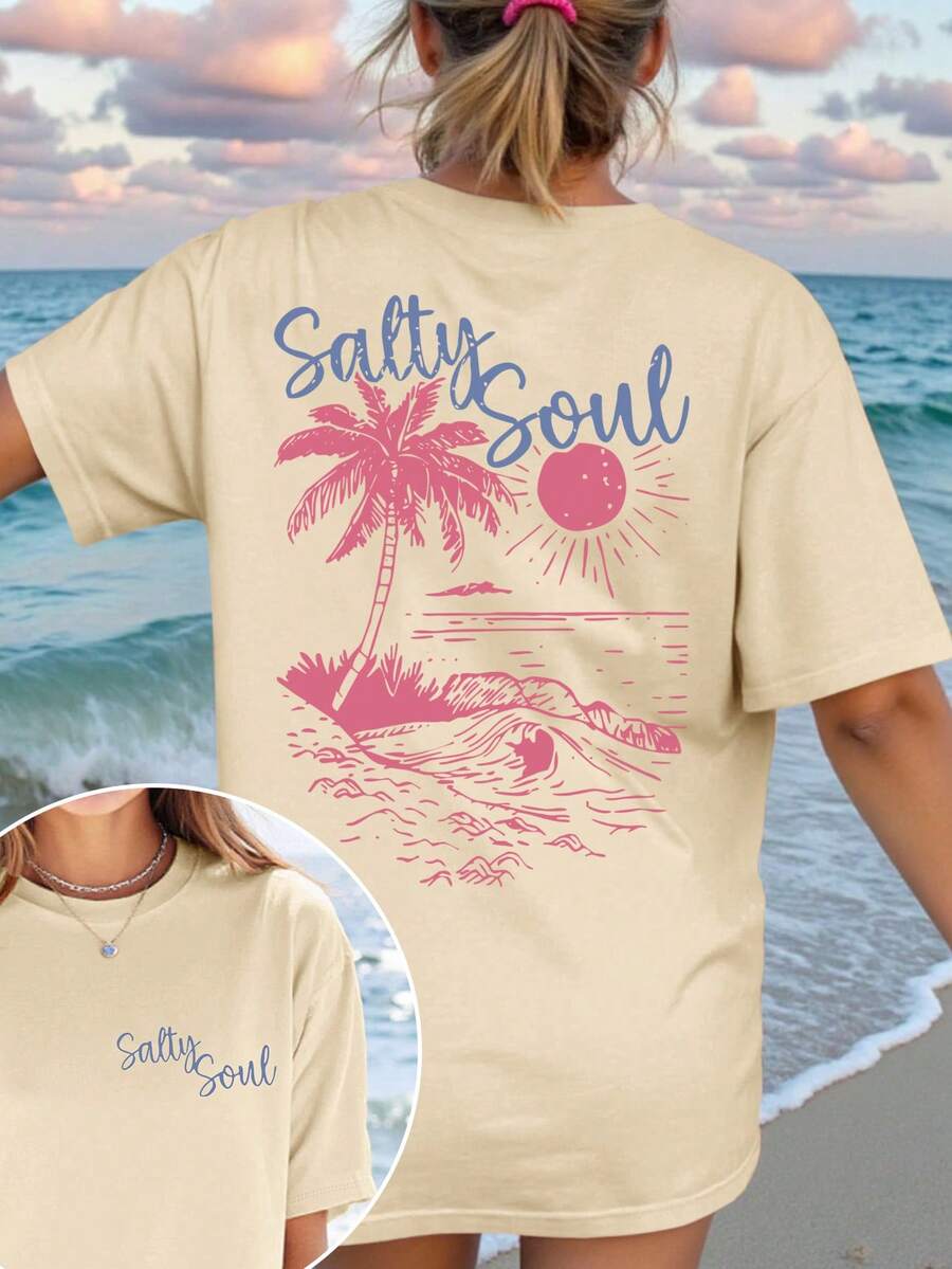 SHEIN EZwear Áo thun tay ngắn họa tiết nhiệt đới thường ngày cho kỳ nghỉ hè cỡ lớn - Màu be - Xem 1