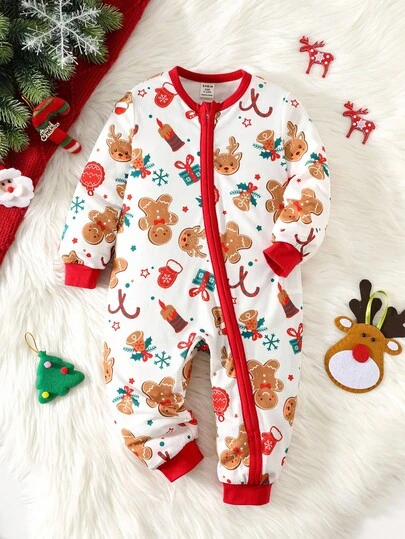 3件套婴儿姜饼人和小鹿印花长袖连体衣，舒适百搭休闲连体衣，适合室内、室外、日常穿着、运动、派对、圣诞节、亲子装（单独出售）婴儿睡衣圣诞睡衣婴儿睡衣婴儿圣诞节