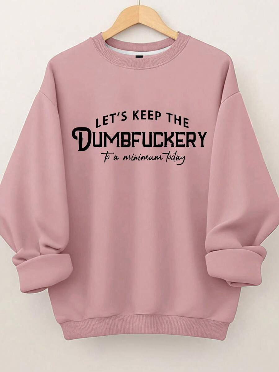 EMERY ROSE 大码女式“dumbfuckery”字母标语图案印花休闲长袖圆领套头衫,秋冬 - 藕粉色 - 查看 1