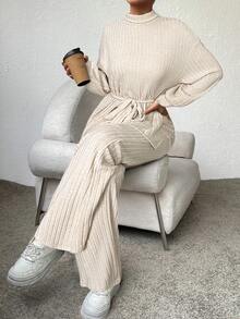 SHEIN Essnce 2pcs Women Casual Basic Long Sleeve Top & Pants Set Modest Two Piece Set Two Piece Lounge Set Beige Two Piece Set Comfortable Two Piece Set - Apricot - View 6