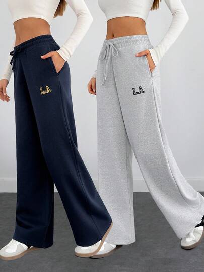 EURMUSE Women's Casual High Waist Drawstring Wide Leg Sweatpants With LA Letter Embroidery, Loose Fit Long Jogger Pants With Side Pockets, Sports Street Style Comfortable Lounge Trousers For Everyday Workout And Leisurewear