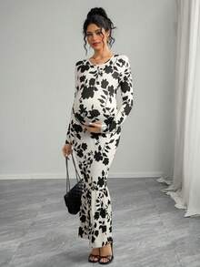 Momance 孕妇花卉印花长袖圆领连衣裙，秋季 - 彩色 - 查看 1