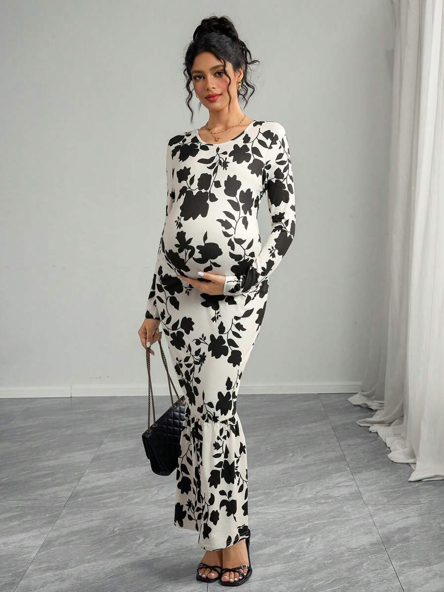 Momance 孕妇花卉印花长袖圆领连衣裙，秋季 - 彩色 - 查看 1