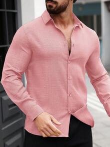 Manfinity Homme 男士純色極簡休閒長袖條紋襯衫 男士紋理襯衫 休閒男士襯衫 男士紋理襯衫 粉色男士襯衫 正式 - 粉色 - 查看 3