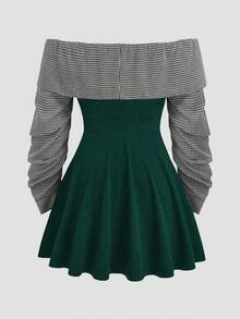 Sweetra 大码休闲拼色露肩长袖荷叶边下摆二合一连衣裙 - 墨綠色 - 查看 2