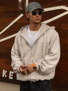 DAZY Men's Solid Color Washed Hoodie Design Black Denim Jacket, Autumn - Light Grey - View 3