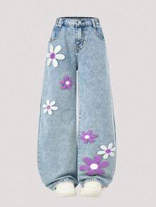 SHEIN ChillGRL Tween Girls' Fashion Washed Floral Flocking Wide Leg Jeans, Suitable For Autumn/Winter Casual Outings, School, Commute, Parties, Home, Vacation, Back To School Season Y2k 90s - Light Wash - View 6