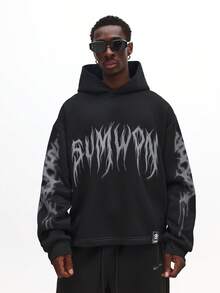 SUMWON 常规哥特式套头连帽衫，带有火焰字母设计和抽绳兜帽，适合休闲街头服饰 - 黑色 - 查看 4