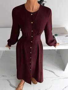 Siren Gaze Đầm dài thanh lịch cổ tròn tay đèn lồng màu trơn cho nữ - Màu Đỏ Sâu - Xem 3