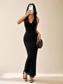 SHEIN PETITE Women's Solid Color Mesh Halter Plunging Neck Elegant Date Dress, Suitable For Summer Holidays Black Bodycon Maxi Dress Halter Neck Dress Tight Long Dress Long Black Elegant Dress Deep V Neck Dress Bodycon Maxi Dress Women Halter Neck Dress Black,Wedding Guest Dress Women