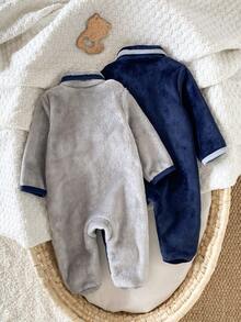 SHEIN 新生儿羊毛连体衣，可爱小熊撞色边长袖连脚睡衣，婴幼儿男童女童两件套家居服套装，秋冬 - 彩色 - 查看 2