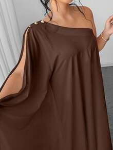 Elenzga Đầm tay cánh dơi cổ chéo đính nút trang trí cỡ lớn dành cho nữ - màu nâu - Xem 6