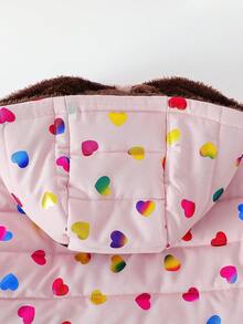 SHEIN Young Girl Pink Ombre Laser Heart Thick Mid-Length Hooded Drawstring Winter Jacket - Pink - View 5