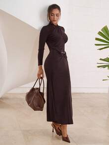 Modelyn Women's Elegant Solid Color Dress For Commuting - Mocha Brown - View 2