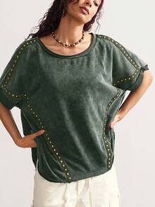 Bohemela 波西米亚乡村度假休闲风格铆钉针织圆领宽松水洗女式 T 恤 - 軍綠色 - 查看 6