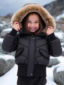 Sparklyn Áo khoác dài tay có mũ trùm đầu màu trơn cho bé gái, mùa đông - màu đen - Xem 3