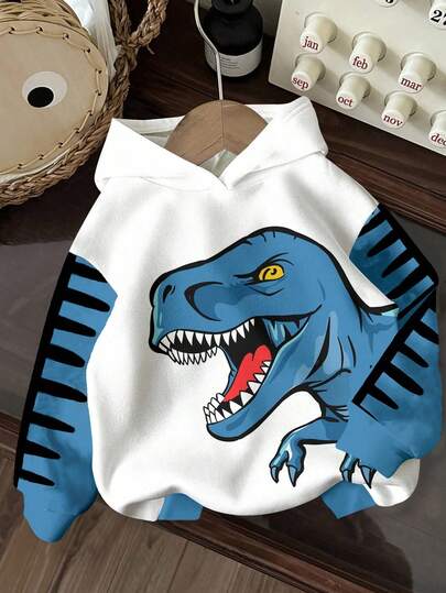SHEIN 男童休闲卡通动物图案长袖卫衣，可爱恐龙风格，运动风，风景，3D立体，街头涂鸦，宽松版型，柔软舒适，适合秋冬季穿着。