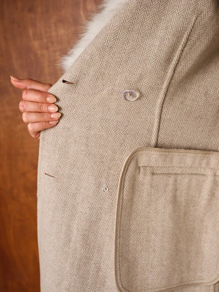 WOOL HERRINGBONE PATTERN COLLAR SHORT SINGLE-BREASTED COAT