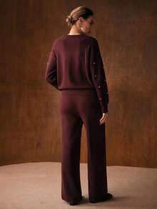 MOTF PREMIUM CHIC 2 PIECES KNIT SET: DROPPED SHOULDER FAUX PEARL EMBELLISHED SWEATER & WIDE LEG KNIT PANTS, AUTUMN/WINTER - Coffee Brown - View 4