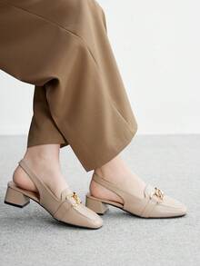 CUCCOO BIZCHIC 杏仁形方头粗跟金属扣带露跟高跟鞋，时尚简约女士高跟鞋，适合度假、通勤、复古风格 - 杏色 - 查看 5