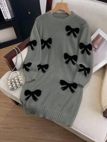 SHEIN 1件套女童毛衣裙，可爱款式，黑色蝴蝶结提花图案，圆领，常规袖长，袖口和下摆收紧，常规厚度，优雅象牙色针织裙，知性时尚修身，适合春秋冬 - 灰色 - 查看 4