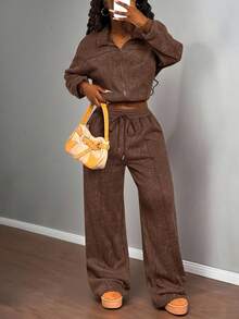 Slaydiva 2025秋冬新款保暖加厚休闲简约军绿色炸雪花针织半开襟立领长袖毛衣+高腰阔腿条纹裤女两件套，适合日常出行、返校、毕业典礼、购物、通勤、朋友聚会、早午餐、机场穿搭、度假、运动休闲等场合。 - 棕色 - 查看 5