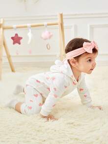 SHEIN Baby Girl 1pc Heart Print 3D Ear Detail Hooded Jumpsuit - Multicolor - View 8