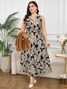 Modelyn 秋冬大码女式优雅佩斯利印花V领无袖连衣裙和西装套装 - 棕色 - 查看 3