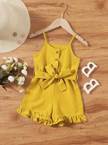 Young Girl Solid Ruffle Hem Belted Cami Romper - Mustard Yellow - View 4