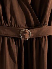 GlowEve Women's Elegant Elegant Simple Solid Color Surplice Collar Buckle Belted Dress - Brown - View 6