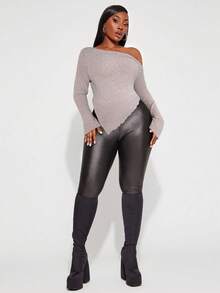 SHEIN SXY Plus Size Women's Fall & Winter Elegant Grunge Asymmetrical Neck Rib-Knit Tee With Suitable For Old-Money,Cruise Attire,Valentine's Day,Music Festival, Concert