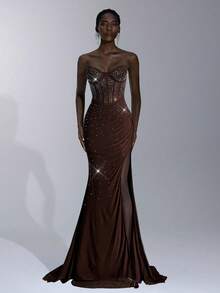 Elitara Váy maxi dài xẻ cao dáng đuôi cá, xẻ tà bất đối xứng, không dây, màu xanh da trời thanh lịch, trang trí cầu kỳ, thích hợp cho các buổi hẹn hò, kỳ nghỉ, sinh nhật, tốt nghiệp, đám cưới và sự kiện trang trọng - Cà phê nâu - Xem 3