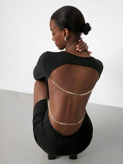 Maija Metal Chain Design Long Sleeve Dress, Women Short Dress, Winter Dress , Winter Dresses For Women, Cozy Fall And Winter Clothes For Women, Women Dresses Autumn Winter, One-Piece Dress Ladies Autumn Winter, Christmas Party Dress, New Year Dress, New Year Outfit, New Year Women's Clothes, New Year Look, Thanksgiving Outfit For Women, Elegant Dresses For Party, Party Dresses For Women, Elegant Dress For Women, Elegant Dresses , Elegant Dresses For Ladies, Black Dress, Black Corset Dresses, Black Dresses For Women,Women's Short Dress With Open Back And Metal Chain Design