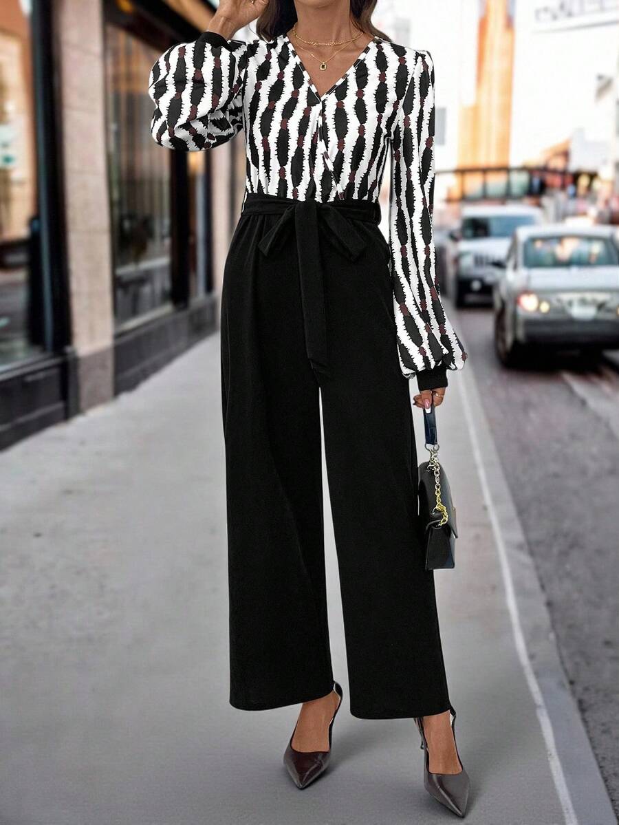 SHEIN Clasi 女式V领条纹长袖阔腿优雅连体裤 - 黑色 - 查看 1