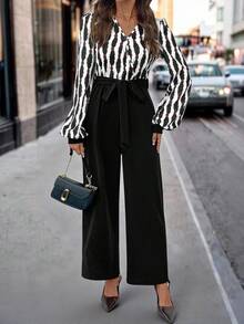 SHEIN Clasi 女式V领条纹长袖阔腿优雅连体裤 - 黑色 - 查看 8