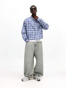 SUMWON Crop Fit Button Down Plaid Shirt With Chest Pocket Long Sleeve Casual Flannel Top