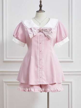 EDITION Ensemble 2 pièces nœud décoratif col marin uniforme scolaire Kawaii Hime Gyaru grande taille