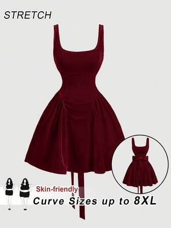 SHEIN CURVE+ 大码女式复古天鹅绒红色连衣裙，圣诞装