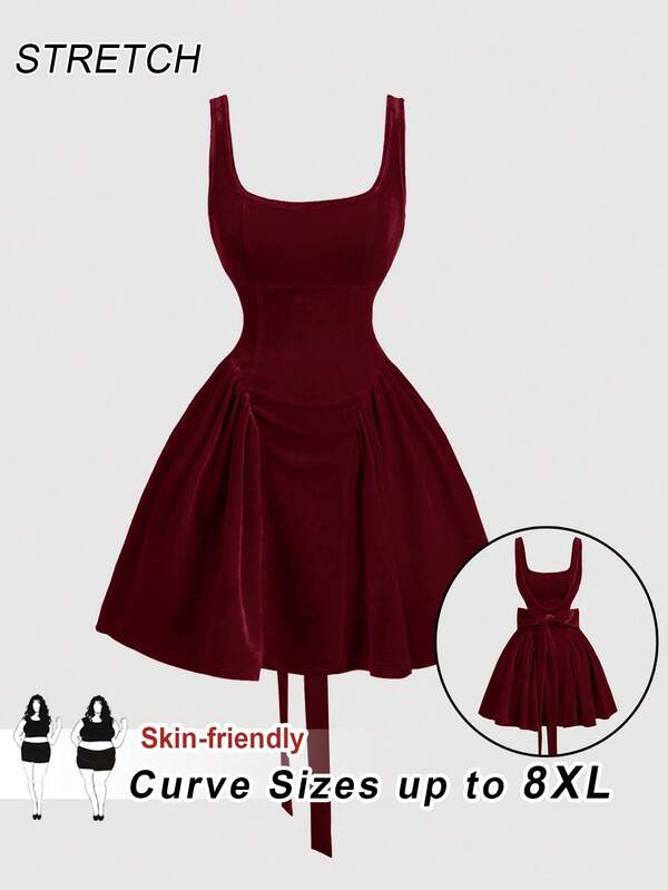 SHEIN CURVE+ Vestido rojo de terciopelo vintage talla grande para mujer, atuendo navideño