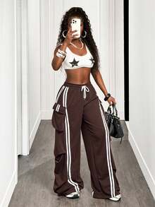 BamGleam 复古条纹撞色运动裤，带褶皱口袋，宽松休闲羊毛运动裤，适合秋季 - 棕色 - 查看 3