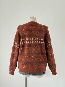 Sunspun Plus Size Women Casual Cute Loose Crew Neck Vintage Jacquard Knit Pullover Sweater, Autumn/Winter - Brown - View 2