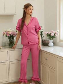 Snug Reverie 女士热粉色波浪纹理双层荷叶边领上衣和裤子睡衣套装，休闲装