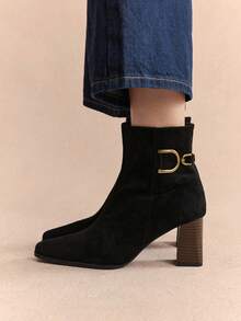 D-Ring Buckle Ankle Boots | Suede & Matte Leather Blend | 2" Chunky Heel | Pointed-Toe Elegance | 2 Pairs, Premium Leather-Look - Black - View 1