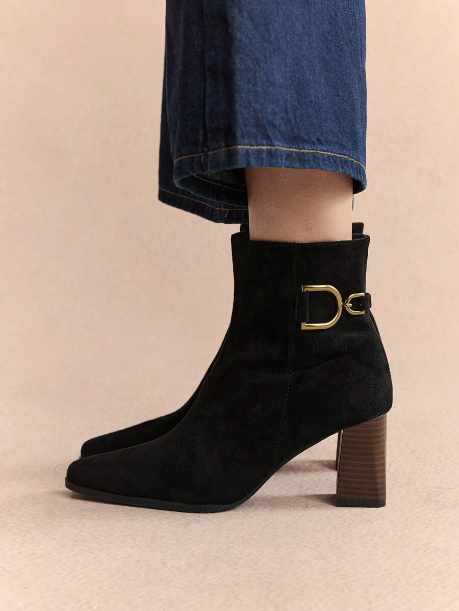 D-Ring Buckle Ankle Boots | Suede & Matte Leather Blend | 2" Chunky Heel | Pointed-Toe Elegance | 2 Pairs, Premium Leather-Look - Black - View 1