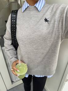 Siren Gaze Women's Casual Loose Fit Round Neck Drop Shoulder Long Sleeve Knight Pattern Sweater, Autumn/Winter - Grey - View 5