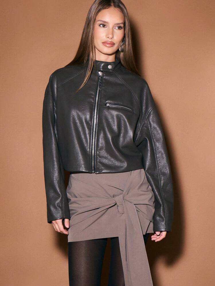 KIZN Cropped Faux Leather Bomber Jacket With Zip Closure And Chest Pocket For Fall Winter Outerwear