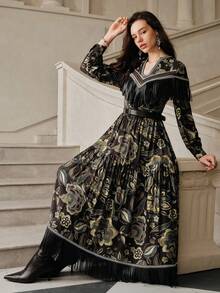 Anewsta Savoree Elegant Floral Print Tassel Dress, Autumn/Winter - Brown - View 7