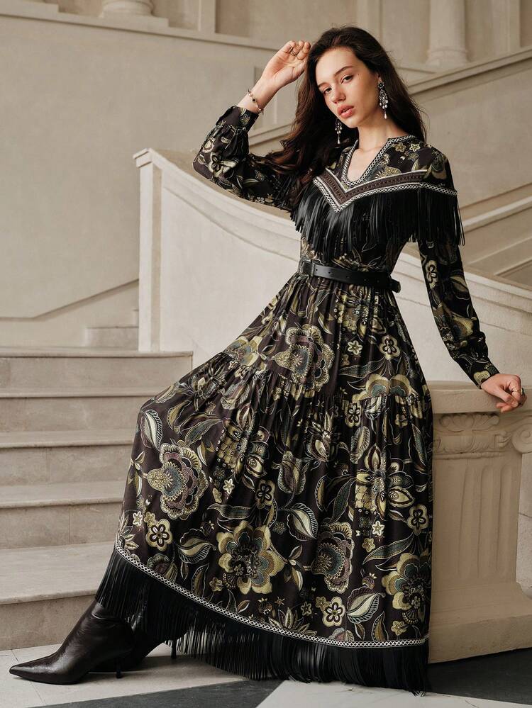 Anewsta Savoree Elegant Floral Print Tassel Dress, Autumn/Winter